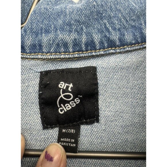 Art Class Denim Jacket Kids Girls 7/8 Blue Distressed Button Up w/Pockets - Picture 6 of 7